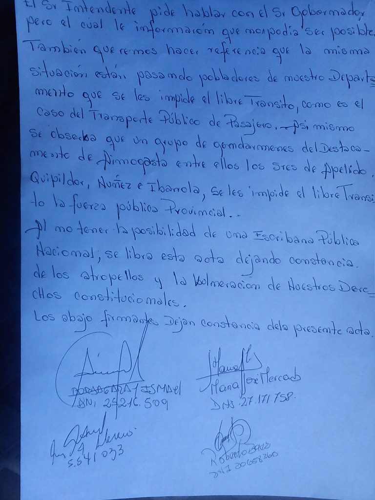 Acta que da cuenta del impedimento del paso a Gendarmería.