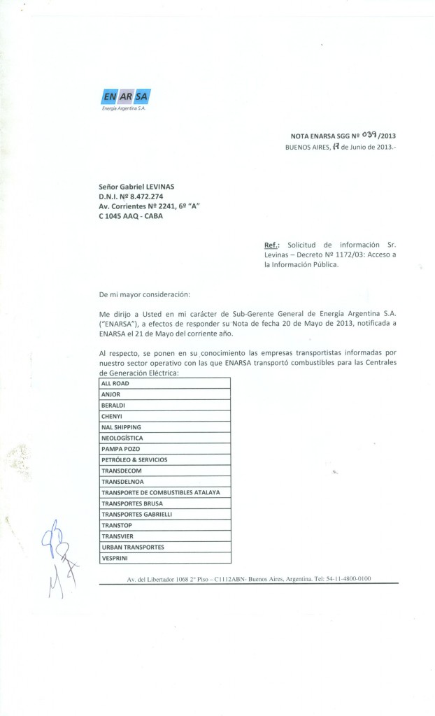 Pedido de información oficial a ENARSA