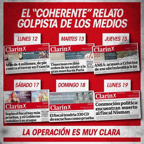 Cuadro elaborado por un militante K en 01.2015 que sostiene que Clarín y el fiscal Nisman actuaron como parte de una “operación” concertada de propaganda “muy clara”, la cual se inició luego del atentado de Charlie Hebdo en Francia y continuó hasta que el fiscal fue encontrado muerto. (Elaborado y posteado por el usuario de twitter @PichyQuiroga, de la juventud de FORJA –grupo pro K– y autodefinido “militante nac & pop” de Villa Dolores, Córdoba.)